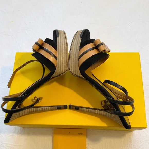 Fendi Zucca FF Logo Platform Strappy Heels Black Tan Leather Designer Sandals  7 - Picture 6 of 8